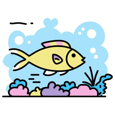 A bright fish with multicolored scales is swimming rapidly through a dense coral reef. The coral is depicted in various shapes and hues, including deep blues, bright pinks, and vivid yellows. The fish is positioned in the foreground, with its fins spread wide, showcasing its iridescent colors. Surrounding the fish are clusters of sea plants, adding to the lively underwater scene. Light filters through the water, creating patterns on the reef below.
