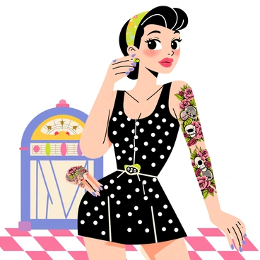 A pin-up girl with a confident pose, wearing a polka dot dress with a cinched waist and a flared skirt. She has vibrant red lipstick and styled, voluminous hair adorned with a colorful bandana. Her arms are visible, revealing intricate sleeve tattoos featuring classic rockabilly motifs like skulls and roses. The background includes a retro jukebox and a checkerboard floor, enhancing the rockabilly aesthetic of the scene.