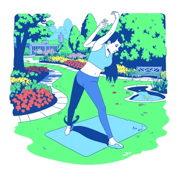 A person is performing Russian twists on a soft green lawn in a beautifully landscaped garden. The person is wearing a fitted blue workout outfit, with a determined expression. Surrounding them, there are colorful flower beds filled with red and yellow blooms. There is a stone pathway winding through the garden, and tall trees provide dappled sunlight. In the background, there is a decorative wooden bench next to a small pond, where water lilies float.
