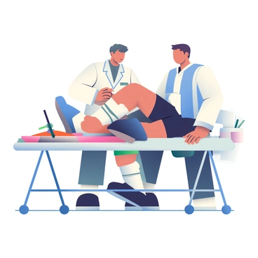 A sports physician examining the knee of a soccer player on an examination table