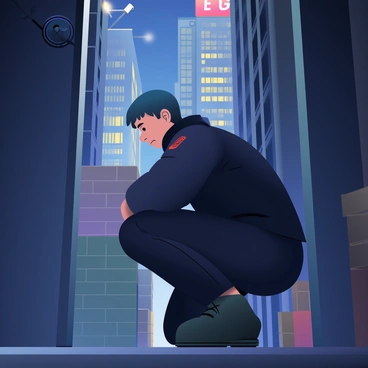An agent with short dark hair, dressed in a black tactical suit, is stealthily moving through a dense urban environment at night. The cityscape is filled with tall buildings illuminated by streetlights and neon signs. Shadows cast by the towering structures create dark alleys and corners. The agent is crouching low, navigating through an alley, partially obscured by a stack of crates. In the background, a faint silhouette of a security camera can be seen atop a building, while the distant sound of traffic hums softly. A close-up shot captures the agent's focused expression as they scan the surroundings.