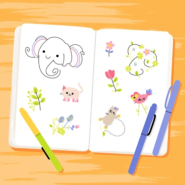 An open sketchbook lies on a wooden table. The pages are filled with whimsical doodles of various animals, including a smiling elephant with oversized ears, a playful cat with a swirly tail, and a dancing bird with colorful feathers. Surrounding these animals are doodles of plants, featuring flowers with large petals, twisting vines, and quirky leaves. A few colorful pens are scattered next to the sketchbook, adding to the creative atmosphere.