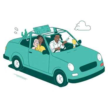 A teal car is driving down a road, filled with a diverse group of coworkers. There are three individuals inside the car: a black woman with curly hair in the driver's seat, a Hispanic man with short hair in the front passenger seat, and an Asian woman with long hair in the backseat. The three are engaged in animated conversation, smiling and laughing together. The car's interior is bright and welcoming, with some items on the dashboard, like a yellow coffee cup and a small plant. Sunlight is streaming through the windows, creating a warm atmosphere.
