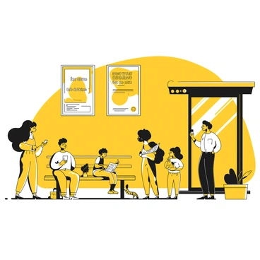 A city bus stop filled with diverse people waiting in line. Some individuals are standing while others are sitting on a bench. A woman is checking her phone while a man reads a newspaper. There is a child holding a toy, looking up at his parent. A large advertisement is hanging above the bus stop, featuring vibrant images and bold text. The scene captures a sense of activity and anticipation as the bus approaches.