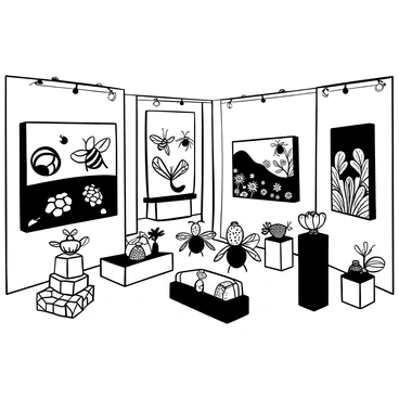 An art gallery interior filled with various paintings and sculptures inspired by bees. The walls are adorned with large, intricate paintings depicting detailed bee patterns and floral landscapes. In the center of the room, there are several sculptures of bees in different sizes, some made of metal and others from wood. Each sculpture showcases the unique features of bees, such as their wings and body structure. Display cases contain smaller artworks, including honeycomb-shaped glass pieces and ceramic bowls resembling beehives. Soft light filters through the gallery, casting shadows that enhance the textures of the artworks.
