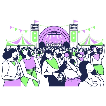 A bustling music festival scene filled with energetic attendees. In the foreground, a diverse group of festival-goers is enjoying the music, some of whom are wearing bandanas. Each bandana features distinct patterns and is worn in various styles. The attendees are engaged in dancing, laughing, and socializing, contributing to the lively atmosphere. Colorful tents and banners dot the background, and a large stage with performers is visible, surrounded by cheers and excitement. Bright lights illuminate the scene, enhancing the festive mood.