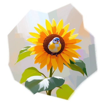 A small finch with bright yellow feathers is perched delicately on the vibrant petals of a blooming sunflower. The sunflower stands tall, its large, round face turned towards the soft morning light, showcasing its rich, golden-yellow hues. The background is filled with lush green foliage, indicating the freshness of early morning. Dewdrops glisten on the petals and leaves, capturing the essence of the tranquil morning atmosphere. The finch appears alert, its tiny beak slightly open as it surveys its surroundings.