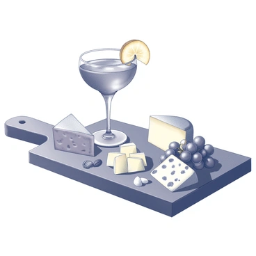 A negroni cocktail placed in a short, elegant glass with a round ice cube and a slice of orange peel garnishing the rim. The cocktail sits on a rustic wooden board, which is adorned with a variety of fine cheeses. There are several types of cheese, including a wedge of brie with a creamy texture, a sharp cheddar cut into cubes, and slices of a blue cheese with distinctive veining. Accompanying the cheeses are small clusters of grapes and some nuts scattered around the board. The scene captures an inviting and sophisticated arrangement, perfect for a tasting experience.