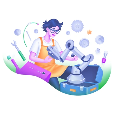 A modern pastel illustration depicting an inventor with tousled hair and glasses, sitting among scattered broken robot parts. The inventor wears a brightly colored apron and is intently focused on assembling a small robot arm. Surrounding the inventor are various robot components, such as gears, wires, and metal plates, all rendered in soft pastel hues. An open toolbox lies nearby, filled with tools like wrenches and screwdrivers. The inventor's expression conveys optimism and determination as they work diligently on the project.