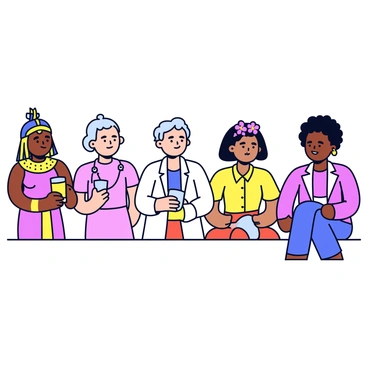 A wall mural featuring "famous historical female figures" from various eras. Each figure is represented in a distinct, minimalistic style, showcasing their unique attire and attributes. On the left, there is "Cleopatra" in a traditional Egyptian dress, adorned with gold accessories and a headdress. Next to her is "Marie Curie," depicted with a laboratory coat and holding a beaker, symbolizing her contributions to science. Moving to the center, "Frida Kahlo" is illustrated with her iconic floral crown, vibrant clothing, and bold facial expression. To the right, "Rosa Parks" is shown seated, with a determined expression, reflecting her role in the civil rights movement. The background is a simple and uniform color to emphasize the figures.