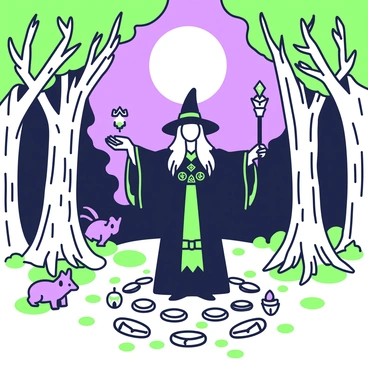 A witch is standing in a moonlit forest, surrounded by ancient trees with thick trunks and sprawling branches. She is wearing a flowing dark robe adorned with symbols and has long hair cascading down her shoulders. In her hands, she holds a staff topped with a glowing crystal. Before her, a circle of stones is arranged on the forest floor, and within the circle, there are various herbs and candles. The moonlight filters through the leaves above, casting intricate shadows on the ground around her. Small woodland creatures peek curiously from behind the trees, adding to the enchanting atmosphere of the scene.
