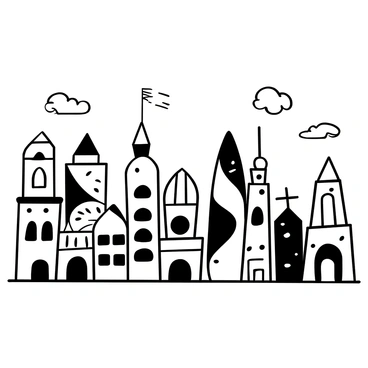 A series of geometric, abstract buildings of varying heights and shapes lined up in a row. Each building features distinct designs and patterns, such as triangles, circles, and rectangles. The buildings are intricately detailed with various textures on their surfaces. There are several abstract structures, some appearing to twist and turn, while others stand tall and straight. Different types of architectural elements, such as arches and spires, add variety to the composition. The background consists of an expansive sky with scattered clouds, creating a sense of depth.