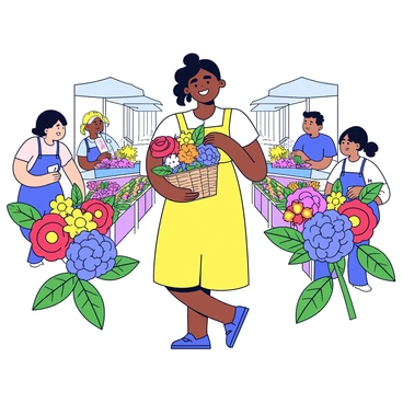 A buyer standing at a bustling flower market. The buyer is wearing a light yellow sundress and holding a woven basket filled with assorted colorful flowers. Surrounding the buyer are stalls displaying vibrant flowers in various hues, including red roses, blue hydrangeas, and yellow daisies. The market is lively, with people browsing and vendors arranging fresh blooms. Green leaves and stems add texture around the flowers, enhancing the lively atmosphere of the scene.