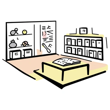 A small archive room with a warm wooden floor and white walls. Shelves lined with neatly organized boxes filled with "historical documents" are placed against the walls. In the center, a wooden table holds an open book with "ancient scripts" visible on the pages. On one side of the room, a display case showcases various "artifacts" including a compass, an ink pot, and old coins. A soft light illuminates the room, highlighting the textures of the "documents" and the details of the "artifacts."