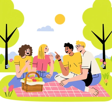 A group of friends laughing together in a park during a picnic