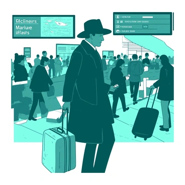 A teal secret agent wearing a dark blue coat and a black hat is skillfully blending into a bustling train station crowd. Surrounding the agent, there are numerous commuters and travelers, some holding coffee cups, others checking their phones. The background showcases large digital screens displaying train schedules and advertisements. The atmosphere is lively, with different people rushing in various directions, and luggage rolling along the polished floor. The agent's face is partially obscured, highlighting their focus and alertness while observing the surroundings.