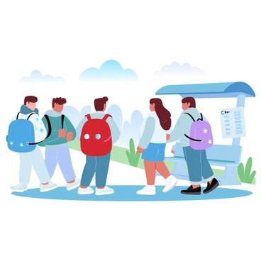 A group of children is standing at a bus stop, each child carrying a different type of school bag slung over their shoulders. One child is wearing a bright blue backpack with cartoon prints, while another has a red messenger bag decorated with stickers. A girl has a purple backpack adorned with stars. The children are dressed in colorful clothing, with some wearing jackets and others in light sweaters. The bus stop has a shelter with a bench, and a bus schedule is posted on a sign nearby. A few trees and grassy areas are visible in the background.