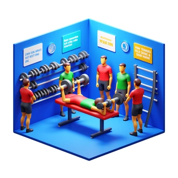 A training facility filled with bright lights and gym equipment. A group of athletes is gathered around a dumbbell bench press station. One teammate is lying on the bench, lifting a pair of heavy dumbbells above their chest. Other teammates wait nearby, some stretching and others adjusting their gear. The walls are adorned with motivational posters, and there are various weights neatly organized on racks in the background. Each athlete is focused and determined, showcasing a dynamic atmosphere of teamwork and training.