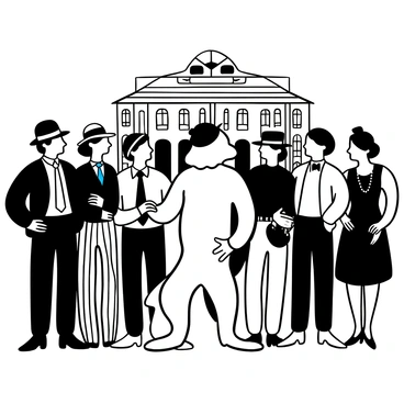 A werewolf standing on two legs, showcasing its fur-covered body, with a slight hunch. The creature poses in the center of a group of well-dressed individuals wearing 1920s attire, such as flapper dresses and pinstripe suits. Surrounding the werewolf are men and women, some with hats and others holding vintage accessories like cigarette holders. The background features an old-fashioned building style typical of the 1920s era. The overall scene is captured in a sepia tone, enhancing the vintage feel of the illustration.