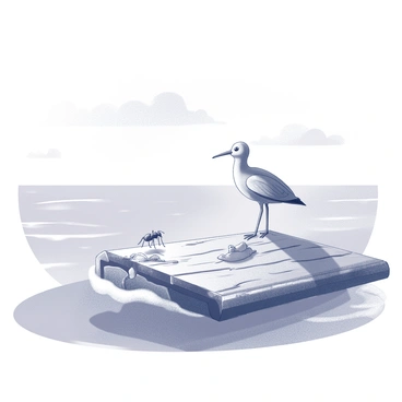 A "colombe" with outstretched wings stands atop a piece of driftwood, peering out over the vast ocean. Beside it, an ant clings to the surface of the raft, positioned near the edge. The driftwood is weathered, with rough textures and organic shapes, floating gently on the water. The ocean around them is calm, with subtle waves lapping against the raft. In the distance, the horizon meets the sky, where clouds can be seen. The scene conveys a sense of adventure as the two unlikely companions set off on their journey.