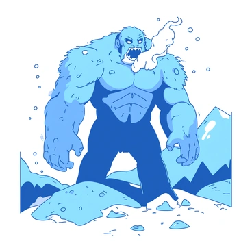 A blue frost giant stands tall above a white snowy landscape, its massive frame dominating the scene. The giant's skin is textured like ice, reflecting the harsh light. Wisps of icy breath curl from its mouth, creating a mist that hangs in the frigid air. Snowflakes gently fall around, accumulating on the ground and on the giant's shoulders. In the background, snow-covered mountains rise, creating a stark contrast against the giant. The scene is quiet, with only the soft sound of snow settling.