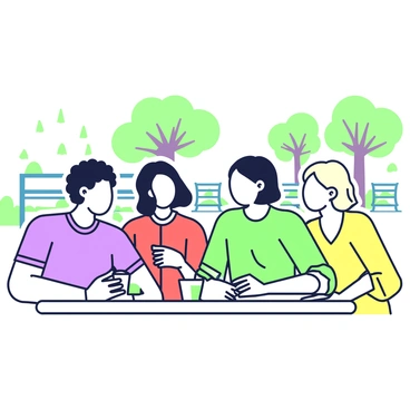 A group of four individuals is gathered in a bustling outdoor setting. On the left, a man with dark curly hair is wearing a blue shirt and is animatedly speaking. Next to him, a woman with straight black hair is dressed in a red jacket, nodding in agreement. To the right, a person with short blonde hair in a green sweater is smiling and holding a coffee cup. Completing the group is a woman with curly hair wearing a yellow dress, leaning in as she listens intently. In the background, there are blurred trees and park benches that suggest a vibrant park atmosphere.