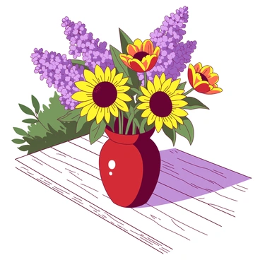 A red vase filled with a colorful arrangement of flowers sits on a textured white rustic wooden table. The bouquet features large, vibrant yellow sunflowers, delicate purple lilacs, and bright orange tulips. The sunlight casts soft shadows across the tabletop, highlighting the rich grain of the wood. In the background, there is a subtle hint of greenery, adding depth to the scene.