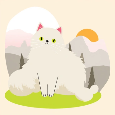 A fluffy Persian cat with long, luxurious fur in shades of cream and gray is sitting on a grassy hill. The cat's bright green eyes are wide open, focused on the horizon. In the background, a soft orange and pink sky indicates the rising sun, casting warm light over a misty landscape. The mist blankets rolling hills and distant trees, creating a serene and calm atmosphere. The soft glow of the sun gradually breaks through, illuminating the cat's fur as it enjoys the tranquil moment.
