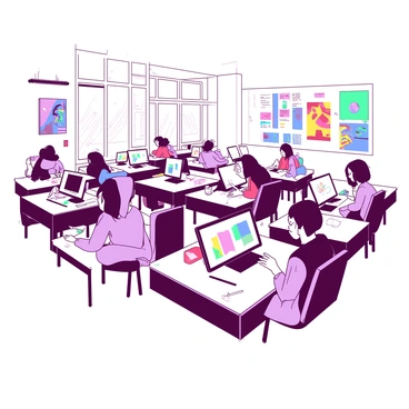 A white classroom filled with students sitting at desks, each focused on their own computer or tablet. The students are diverse in appearance, with some working intently while others share ideas or collaborate on their digital illustrations. Each desk has a sleek computer monitor displaying colorful artwork on the screen. Tablets with styluses are scattered across the desks, featuring sketches and designs in various stages of completion. The walls are adorned with vibrant posters showcasing famous digital illustrations, and a large window lets in natural light, illuminating the creative atmosphere.