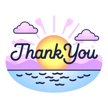 A thank you card featuring a sunset view over a calm ocean. The horizon is ablaze with vibrant colors of the setting sun, reflecting softly on the water's surface. The waves are gentle, creating a peaceful atmosphere. The text "Thank You" is elegantly presented, positioned in the center of the image, appearing to shimmer as if illuminated by the fading sunlight. Silhouetted clouds float in the sky, adding depth to the scene.