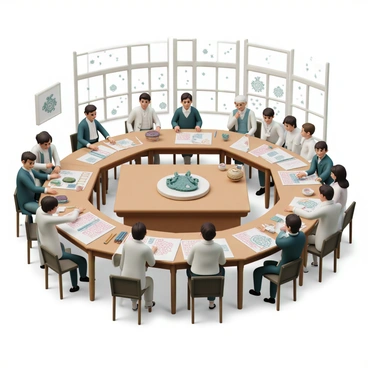 A room with wooden tables arranged in a circle, each table covered with dissecting tools and anatomical diagrams. In the center, there is a large wooden table with an open dissection kit, showcasing a preserved frog. The classroom has large windows letting in natural light, illuminating the dust motes floating in the air. Students in period clothing, such as long coats and high-collared shirts, are gathered around the tables, some holding scalpels and others taking notes in leather-bound notebooks. On the walls, there are framed illustrations of frog anatomy and charts depicting various stages of dissection. The atmosphere is focused and serious, with a sense of curiosity and discovery surrounding the students as they engage in their studies.