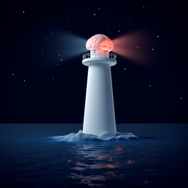 A lighthouse with a brain at the top, shining beams of light into the sea