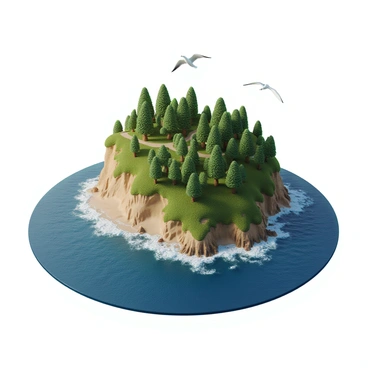 An island in the shape of a globe with a textured landscape that represents various countries and continents. The island features lush green forests, sandy beaches, and rocky cliffs, each section depicting a different part of the world. Surrounding the island is a vast ocean with deep blue waters that reflect the sky. Waves crash gently against the shore, and a few seagulls can be seen flying overhead. The horizon is clear, emphasizing the isolated beauty of the globe-shaped island in the middle of the ocean.