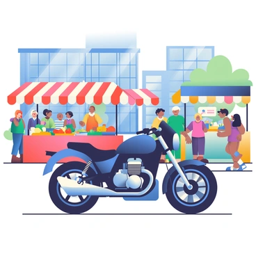 A sleek black BMW motorcycle is parked at the edge of a bustling city market. The motorcycle features chrome accents and a shiny gas tank that reflects the sunlight. Surrounding the motorcycle are vibrant market stalls filled with fresh fruits, vegetables, and colorful textiles. A group of people is browsing the stalls, and a vendor is calling out to attract customers. In the background, modern buildings with large windows rise against the blue sky, adding to the urban atmosphere of the scene.