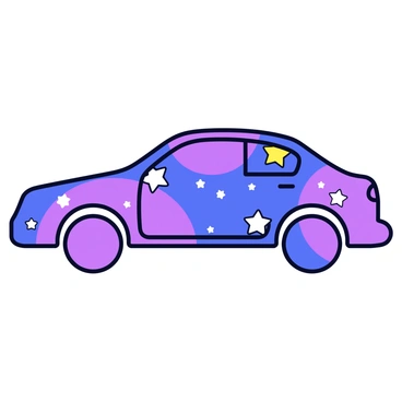 An outline of a car, defined by smooth and simple lines. The interior of the outline is filled with various cosmic patterns, featuring swirling galaxies in vibrant colors of purple and blue. Scattered stars of different sizes are positioned throughout the filled area, twinkling in white and yellow. The overall composition emphasizes the contrast between the stark outline of the car and the intricate details of the cosmic patterns inside.