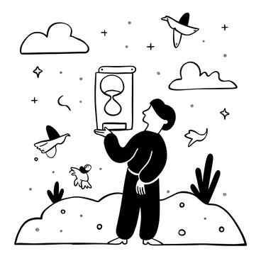 A figure cloaked in dark robes holding a large hourglass stands at the edge of a misty landscape. The Sandman is surrounded by swirling clouds and ethereal shapes that represent dreams. Stars twinkle in the background as dreamlike creatures, such as whimsical birds and fantastical beasts, float around him. Soft, wavy lines suggest movement, illustrating the transition from the waking world to the realm of dreams.
