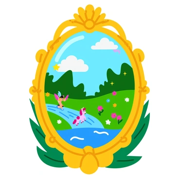A large, ornate mirror with a golden frame showcasing intricate designs and embellishments. The mirror's surface displays a vibrant, enchanted world filled with lush greenery, sparkling waterfalls, and colorful flowers. In the reflection, whimsical creatures like fairies and unicorns roam freely under a bright blue sky. The edges of the mirror are adorned with twinkling stars and glowing orbs, enhancing the mystical atmosphere. The setting around the mirror features soft, dappled sunlight filtering through trees, creating a magical ambiance.