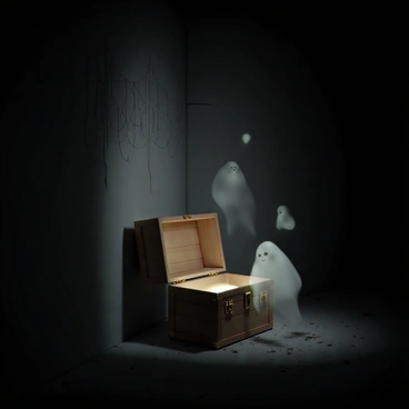 A wooden chest, aged and weathered, sits in the dark corner of an abandoned mansion. The chest has brass fittings and a slightly ajar lid, revealing a faint glow emanating from within. Shadows loom around it, while ghostly figures, translucent and ethereal, hover nearby. The figures are shaped like wispy silhouettes, with indistinct features, creating an unsettling atmosphere. Cobwebs hang from the mansion's corners, and the dim light casts eerie shapes on the cracked walls. The floor is covered with dust and debris, enhancing the sense of neglect and abandonment.