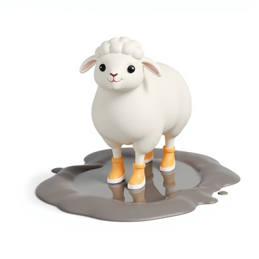 A fluffy white lamb, with soft wool and bright eyes, is standing in a muddy puddle. The lamb is wearing bright yellow rain boots that contrast with the dirt around it. The puddle reflects the lamb's stance, creating a small ripple effect on the surface of the water. The environment is a gray, overcast day, adding a slight sheen to the mud, highlighting the lamb's playful appearance.