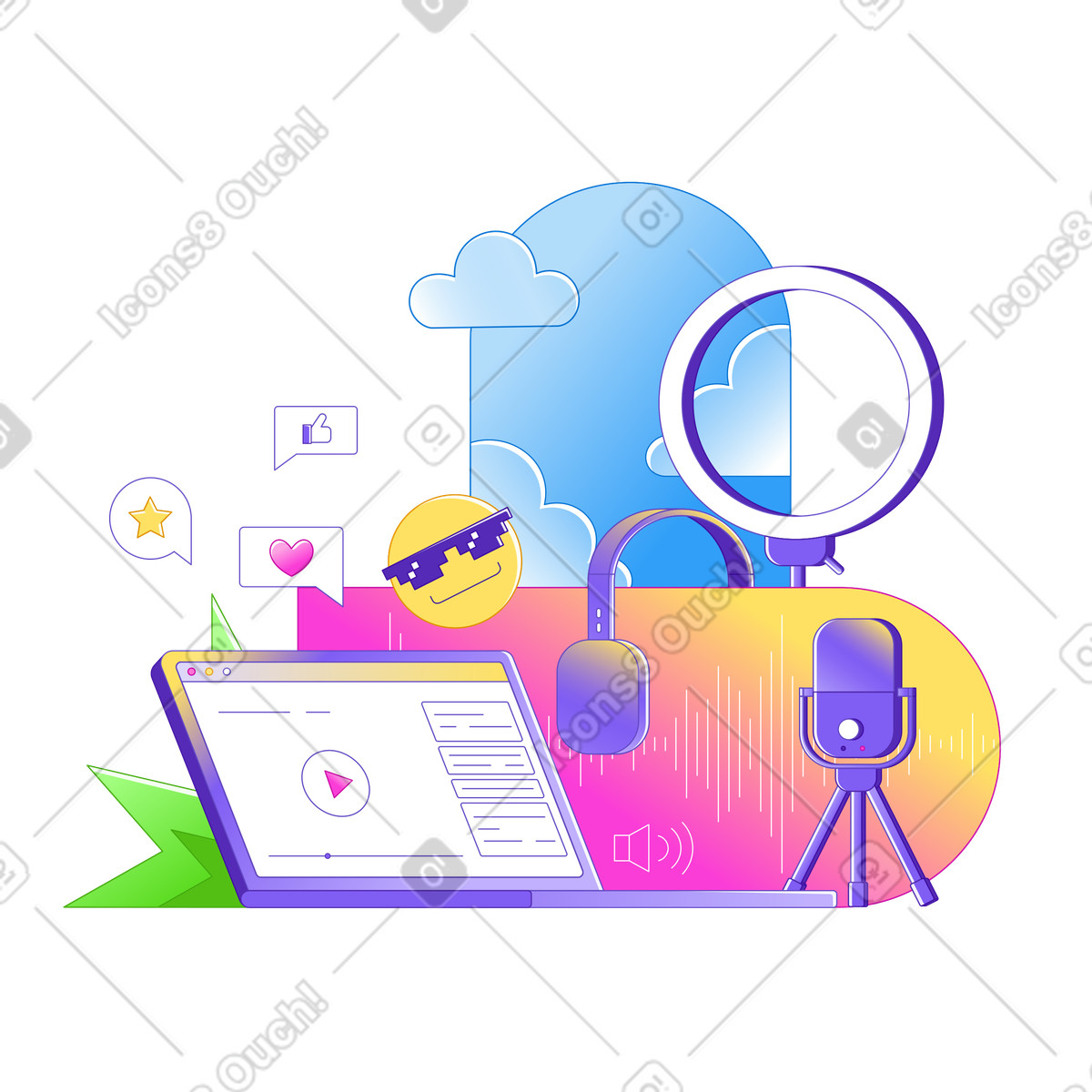 Ilustración Equipos para vlogs y podcasts en estilo Rainbow a descargar en PNG SVG