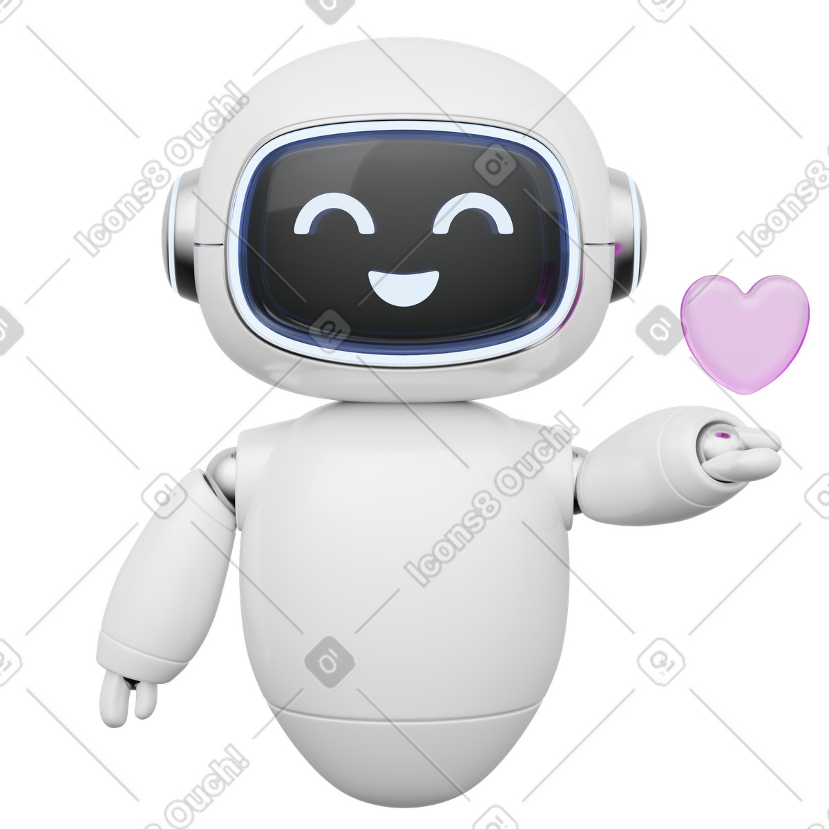 Empathetic AI support robot with happy digital face holding heart illustration in 3D Playful style download in PNG, SVG