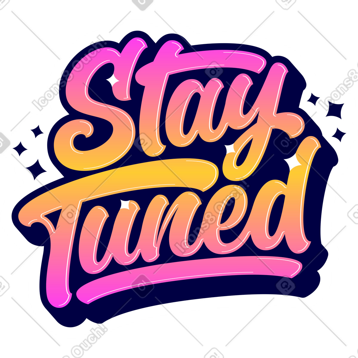 Schriftzug-aufkleber „stay tuned“ mit farbverlauf, kalligrafischer text-Illustration im Lettering-Stil als Download in PNG, SVG