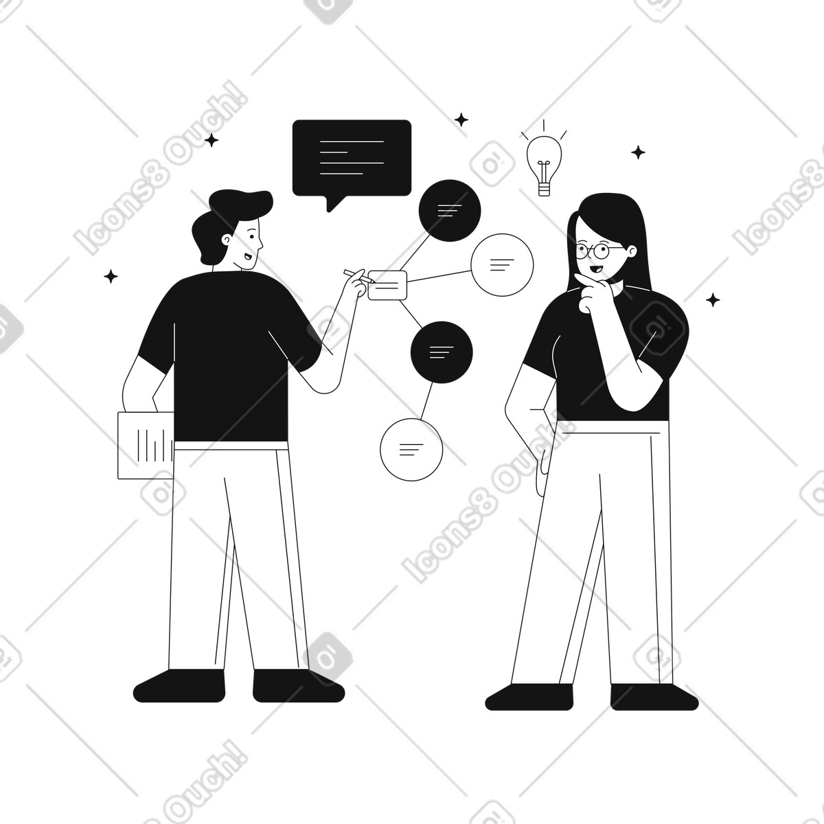 Ilustração de Planejamento e discussão novas ideias por homem mulher em no estilo Teams para baixar em PNG, SVG