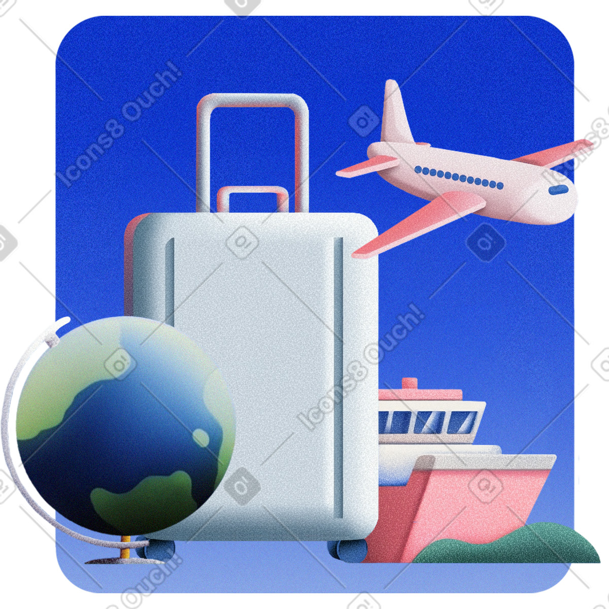 Airplane and ship with globe, Global travel transportation illustration in Grainy style download in PNG, SVG