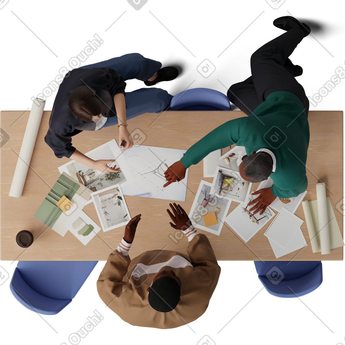Top view of colleagues discussing a work project illustration discussion clipart image in PNG SVG