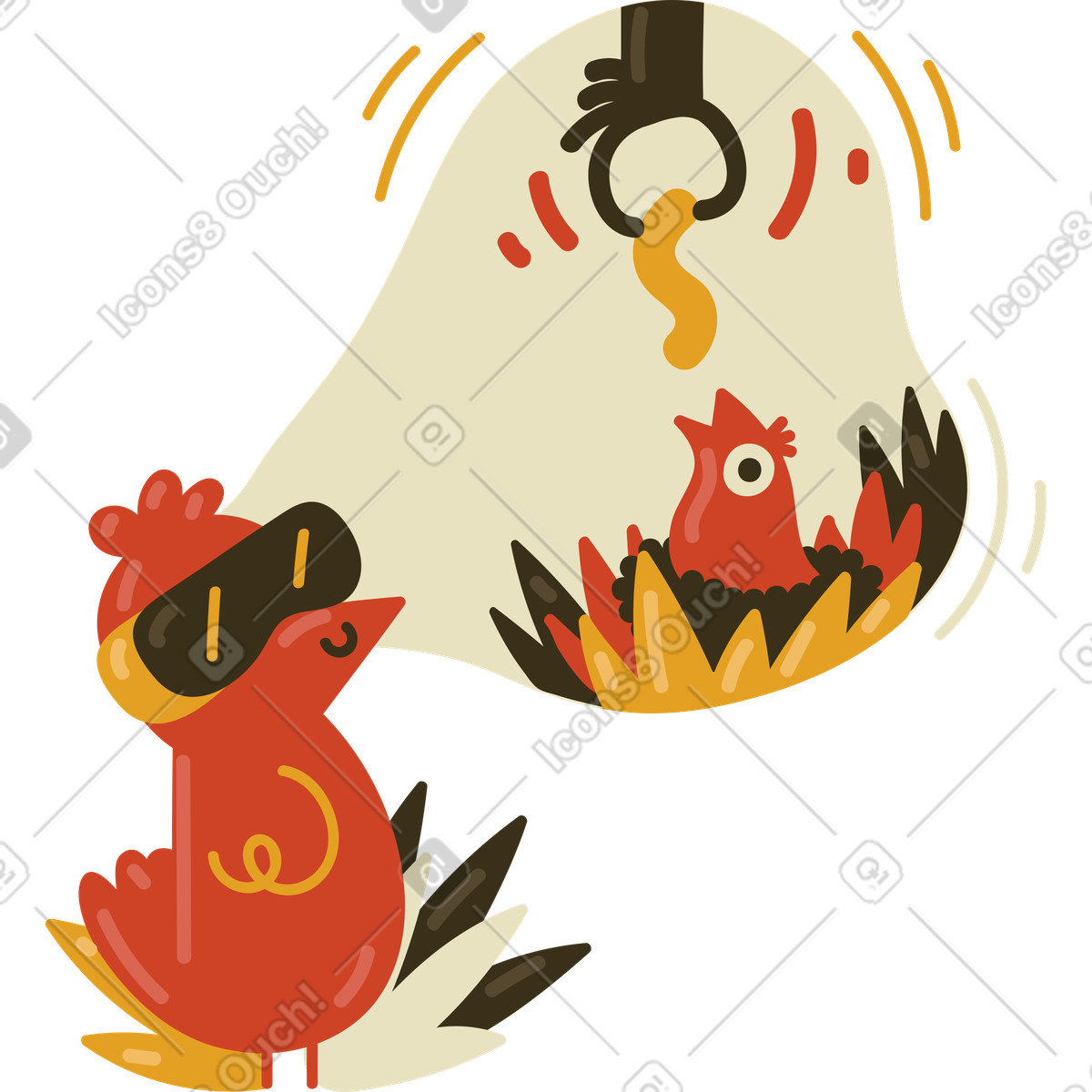 Bird in vr glasses watching a chick eating a worm illustration in PNG, SVG