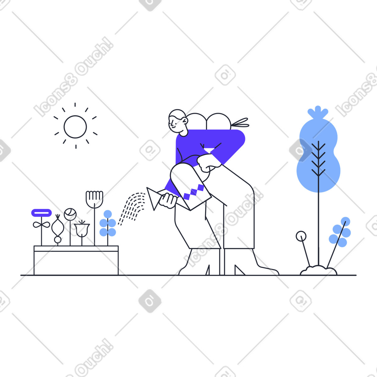 Ilustración Mujer, regar plantas, en, jardín en estilo Pablita a descargar en PNG y SVG