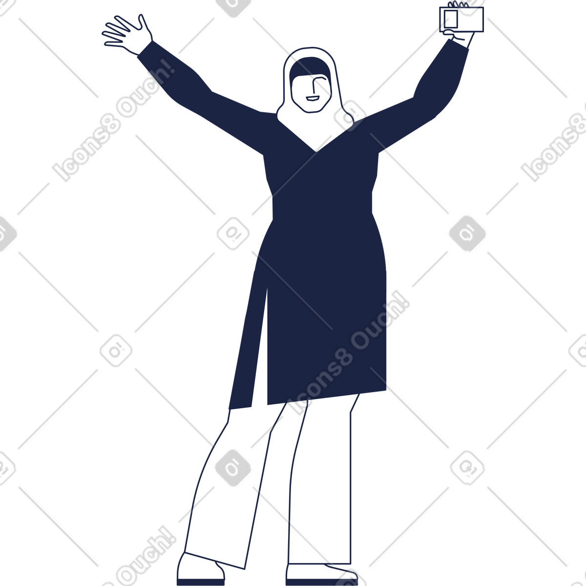 Happy woman in hijab raises her hands up and shows driving license illustration Urban Line style download PNG, SVG