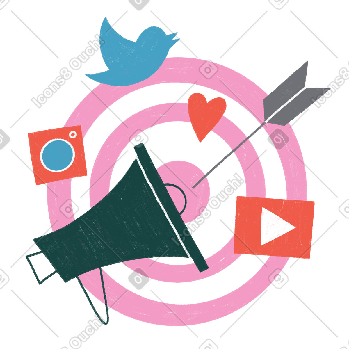 Target with loudspeaker and social media as a metaphor for advertising illustrazione in stile Tutti scarica in PNG, SVG