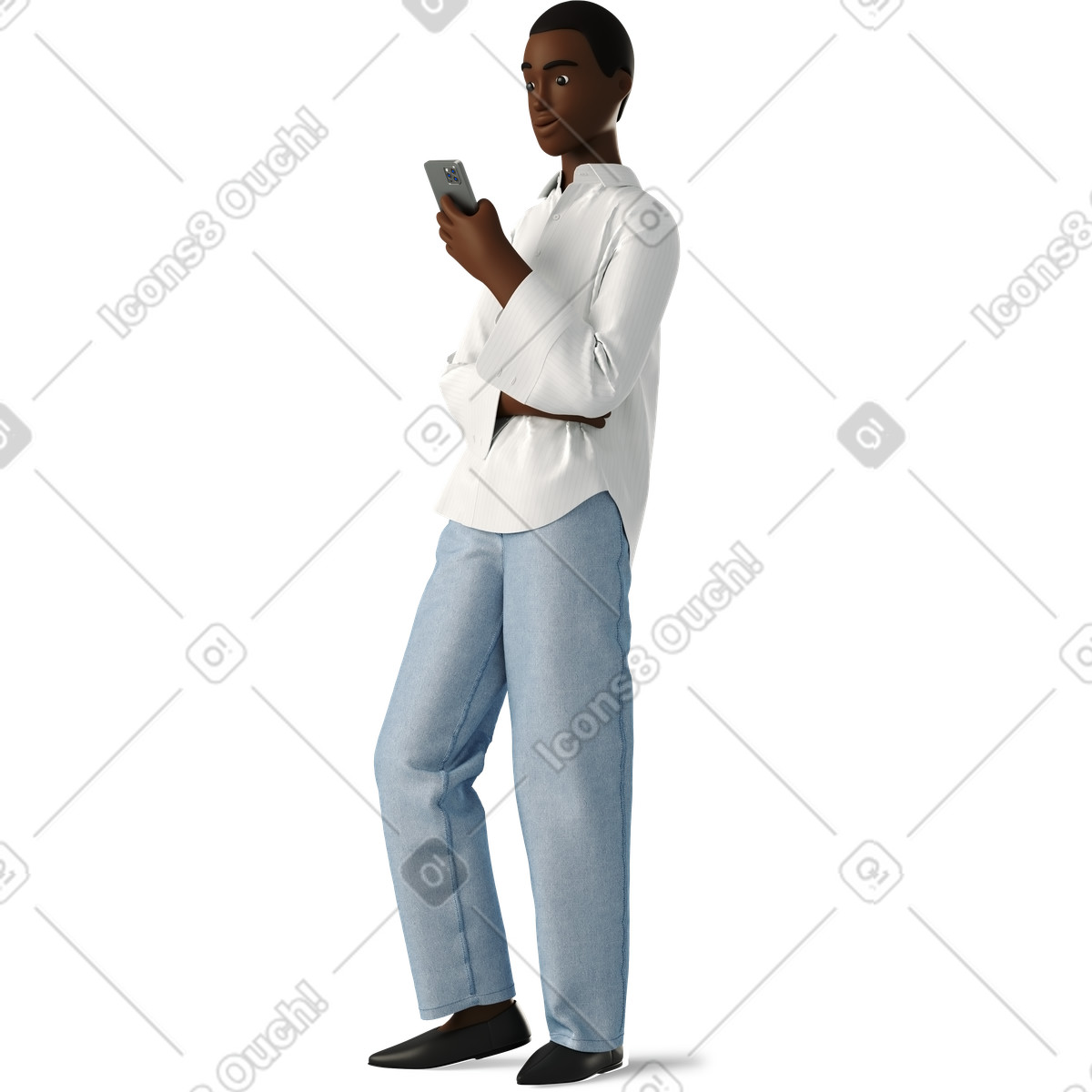 下载 3D Business 风格的 黑人年轻女子拿着电话站着傻笑 插画，支持 PNG、SVG 格式